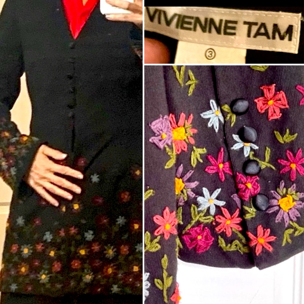 VIVIENNE TAM Blazer Embroidered V-Neck, Satin Buttons Black Flare Sleeve. Large